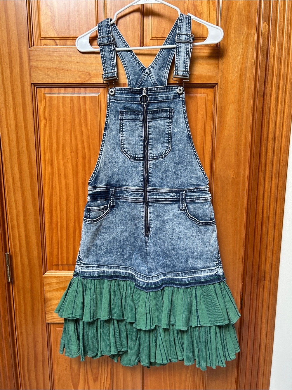 Refashioned Denim Overall Dress with Green Ruffle Hem.